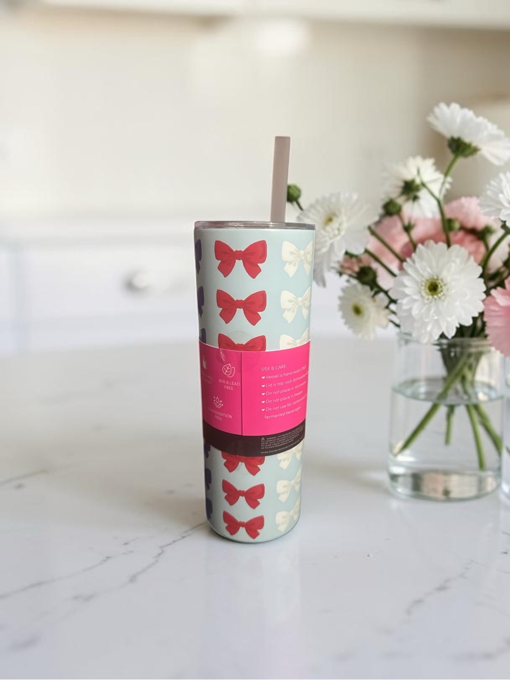 Betsey Johnson Blue & Red Bow Insulated Slim Tumbler - 20 oz NWT - Picture 2 of 3
